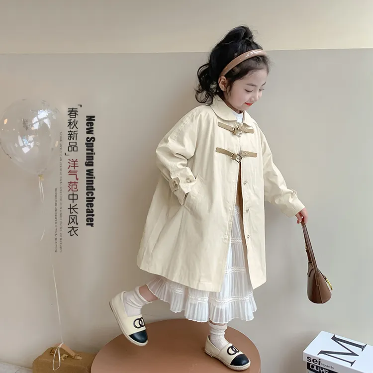 女童长款风衣外套新款韩版儿童中长款风衣春秋款宝宝洋气休闲上衣