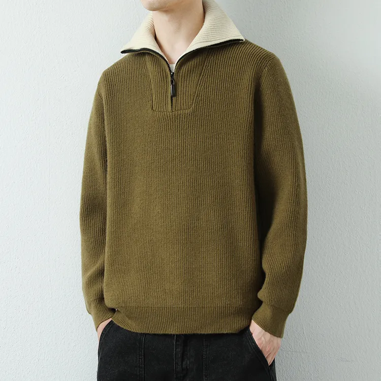 秋冬潮牌男士翻领毛衣个性复古拉链高领针织上衣宽松休闲加厚保暖