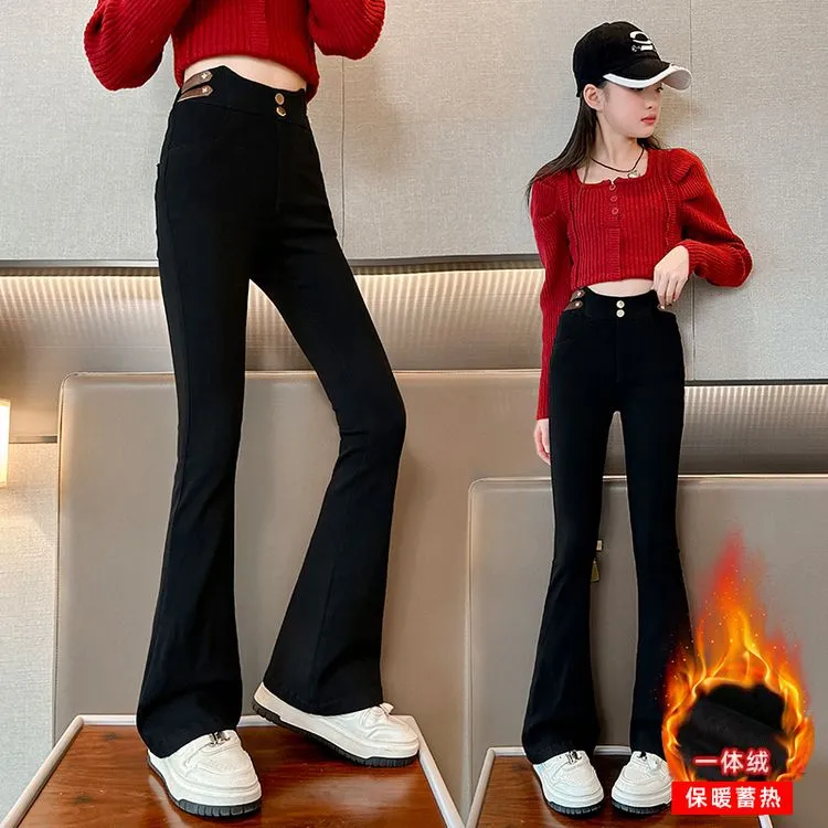 女童黑色喇叭裤秋冬季加绒牛仔裤新款儿童裤子女大童牛仔修身百搭