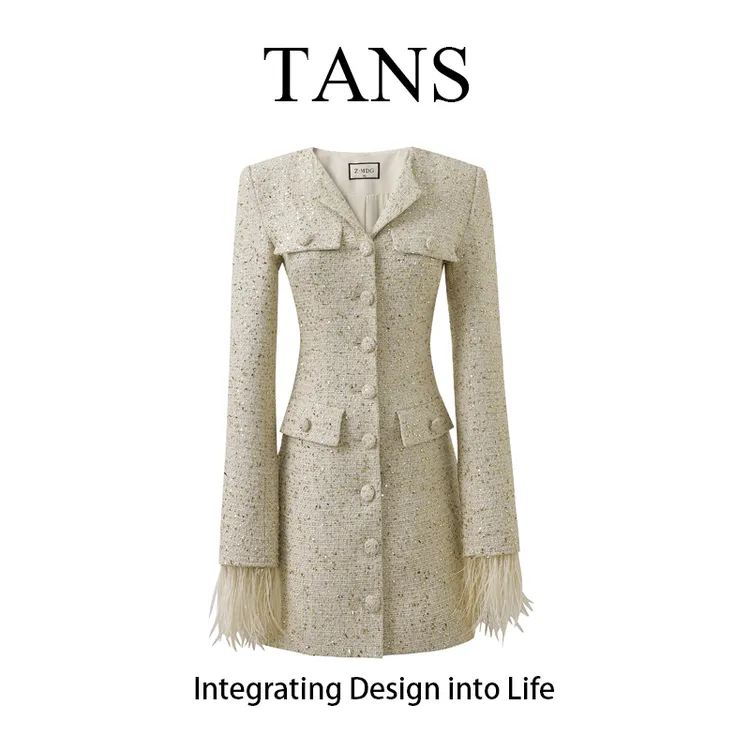 现货 TANS【秋季新品】法式白色小香风连衣裙轻奢设计感气质短裙