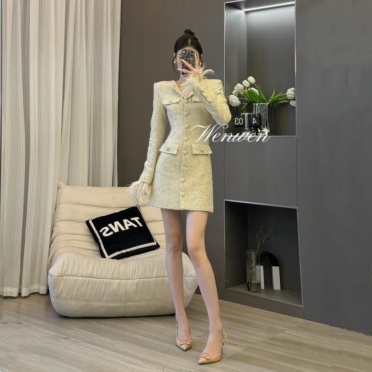 现货 TANS【秋冬新品】法式白色小香风连衣裙轻奢设计感气质短裙