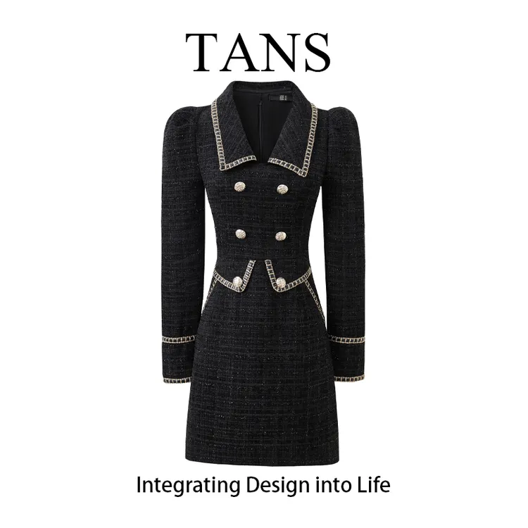 现货 TANS【秋冬新品】法式小香风黑连衣裙小众设计长袖短裙假两件