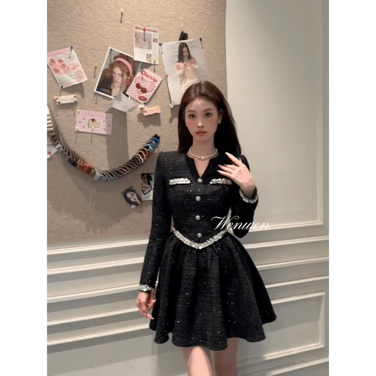 现货 TANS【英伦小调】小香风显瘦气质高腰小黑裙法式名媛连衣裙