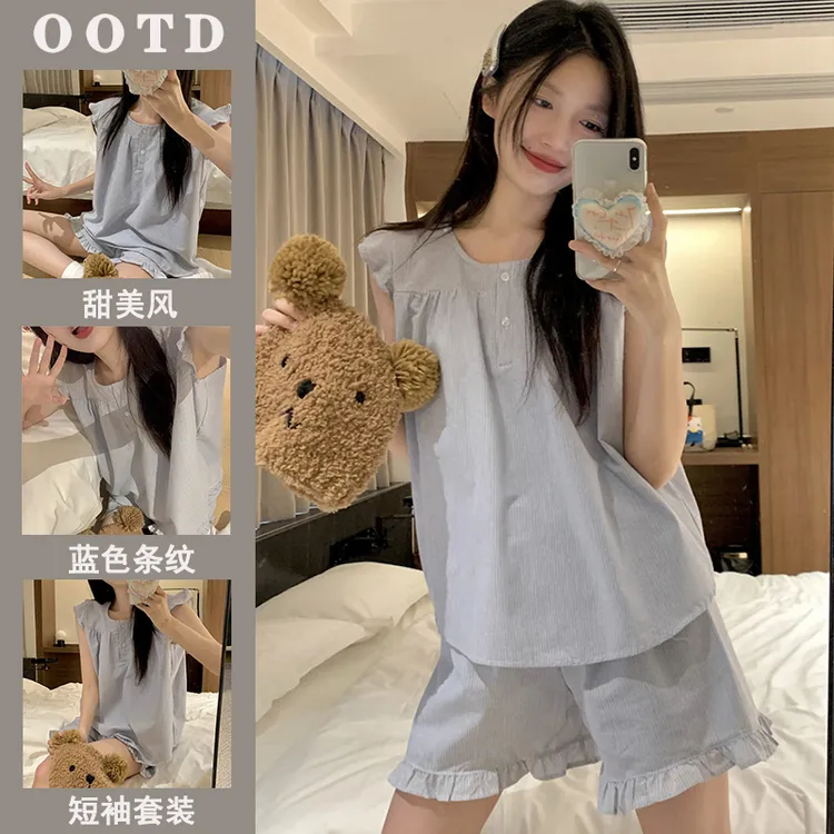 蓝色条纹睡衣女夏季新款甜美简约韩版宽松舒适圆领短袖家居服套装