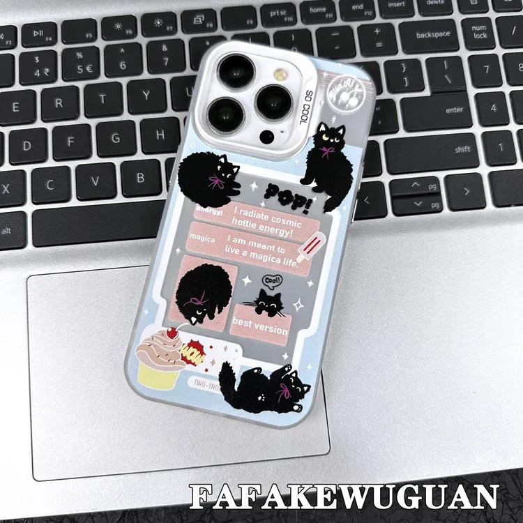 适用苹果15INS可爱黑猫彩银银色手机壳iphone15pro/14pro