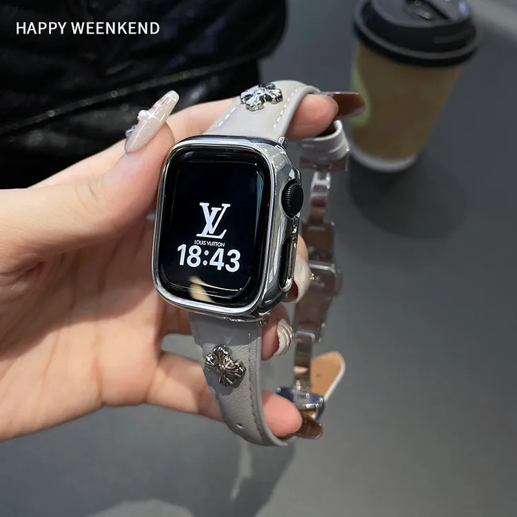 铆钉克罗心小牛皮表带宽版适用applewatch78910S11苹果手表带男女