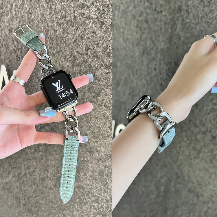 牛仔拼接金属表带适用苹果手表S11链条气质手链表带小众SE/7/10代