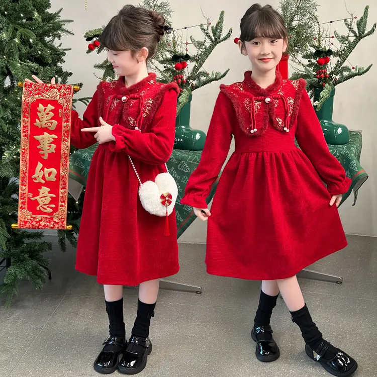 2024新款女童加绒加厚连衣裙儿童红色洋气年服女孩拜年服裙子潮童