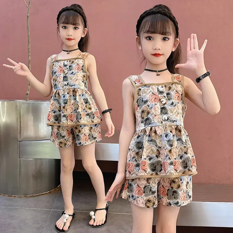 女童夏季吊带无袖套装2025新款中大童碎花时髦两件套小女孩网红潮