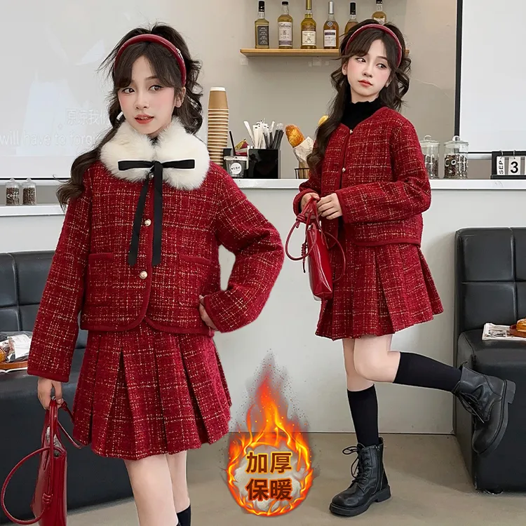 女童加厚年服套装2025新款6-14岁中大童新年小香风红色加绒裙子