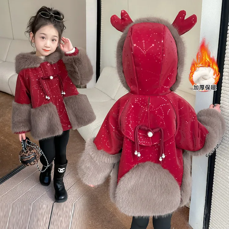 女童冬季加绒加厚年服外套2025新款酒红色连帽保暖洋气拜年服潮