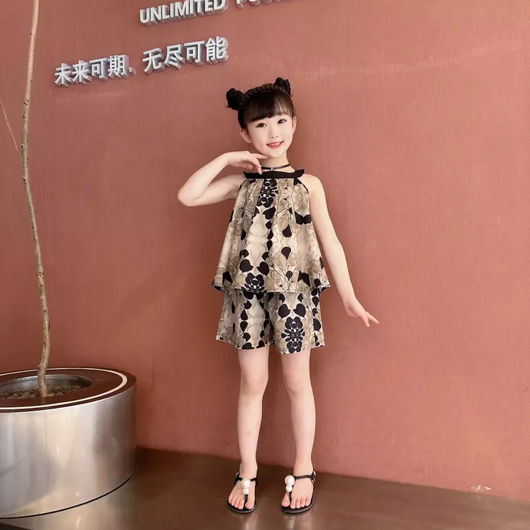女童吊带套装2025新款萌娃夏季穿搭中大童小女孩挂脖雪纺两件套潮