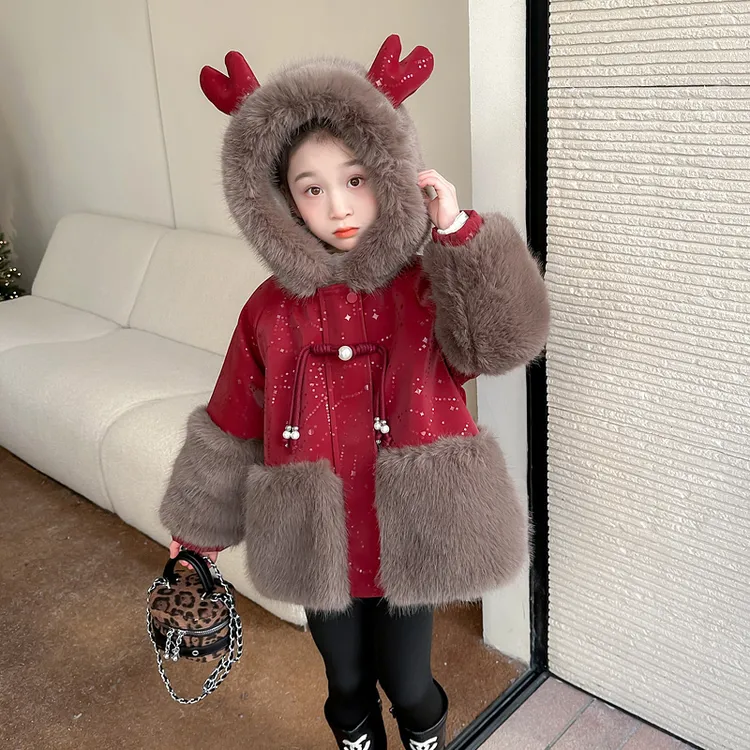 女童冬季加绒加厚年服外套2025新款酒红色连帽保暖洋气拜年服潮