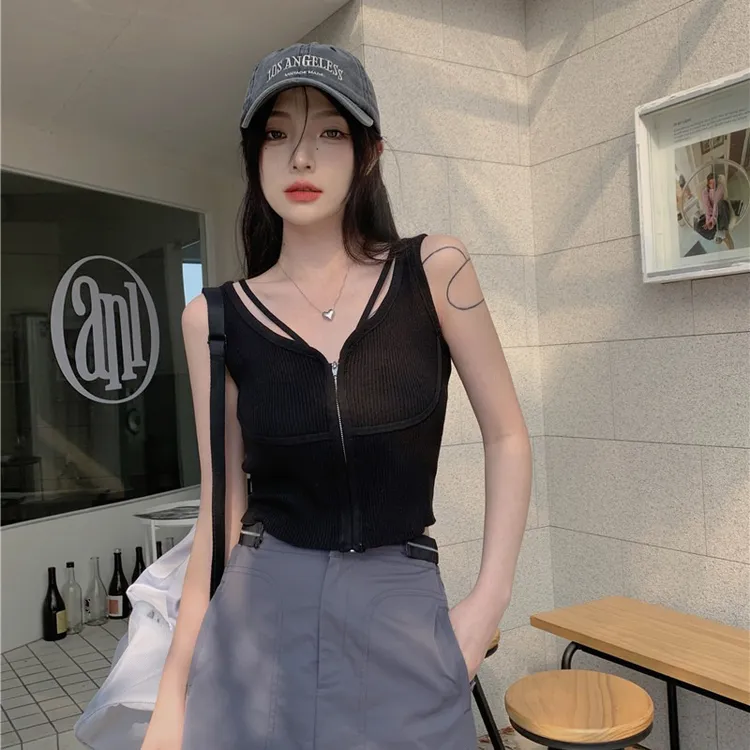 韩系黑色拉链针织小吊带背心女夏设计感内搭性感外穿无袖短款上衣