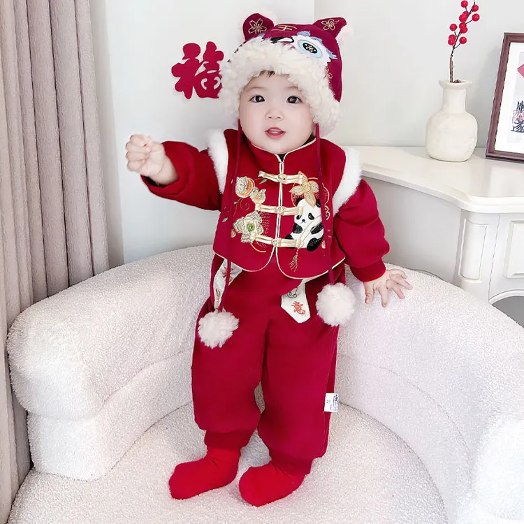 国风童装2024秋冬新款婴儿连体衣宝宝抓周加绒礼服儿童长袖爬服潮
