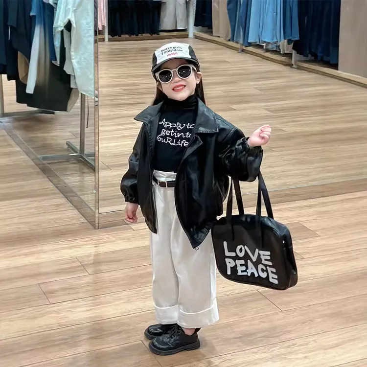 2024秋冬新款韩版童装男女中性皮衣机车外套高领打底衫工装裤长袖