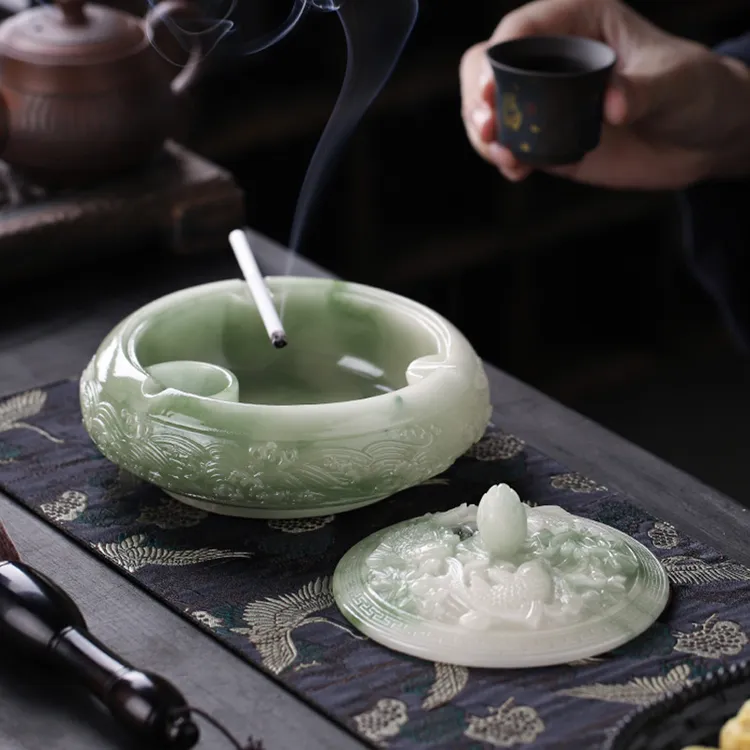 新中式浮雕如鱼得水大号烟灰缸带盖防飞灰创意个性家用客厅摆件品