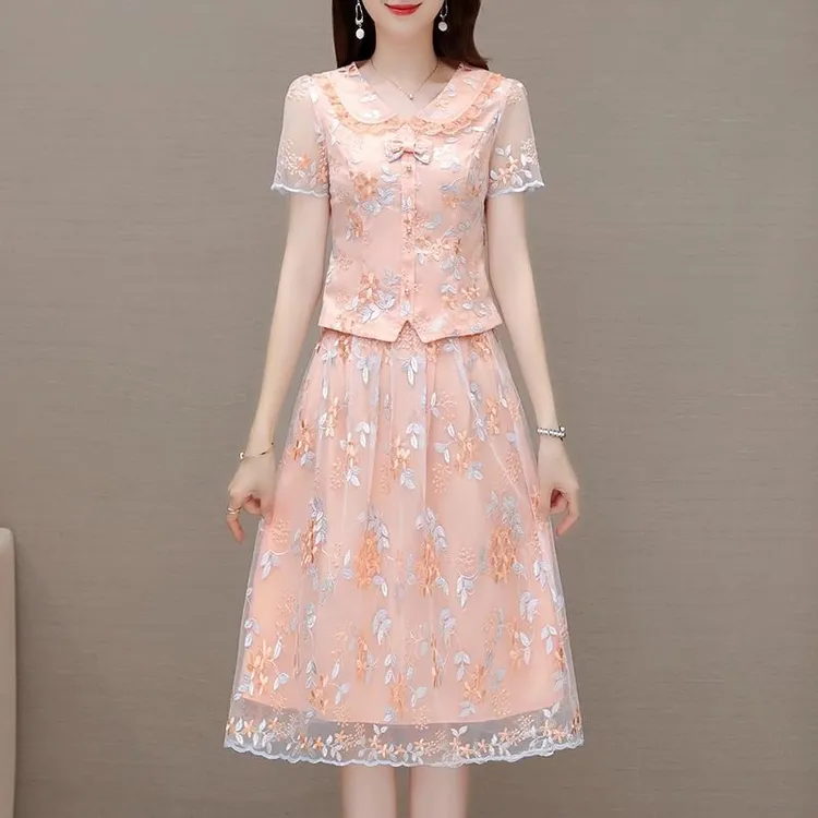 成套搭配减龄套装裙2024新款夏季娃娃领时尚两件套裙女