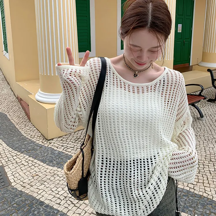 慵懒风镂空针织衫上衣女外搭夏季新款小个子宽松薄款防晒衫韩版