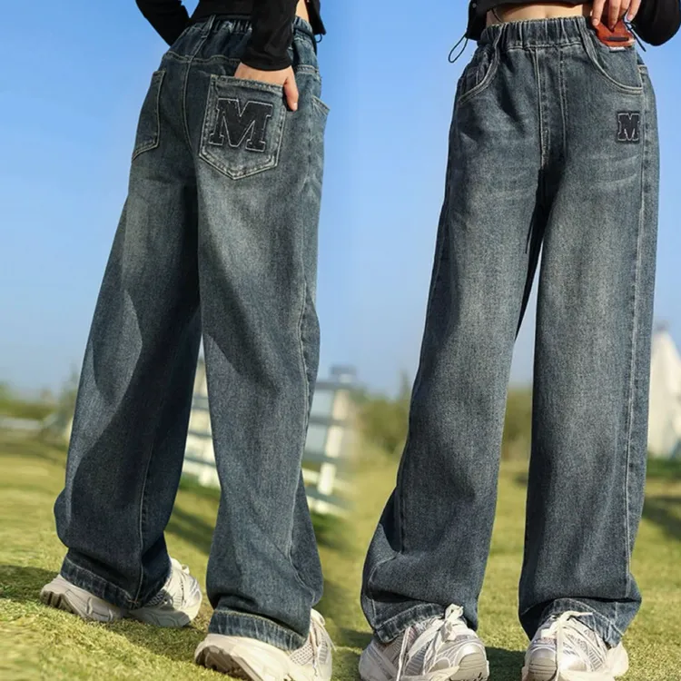 女童牛仔裤春秋款儿童阔腿裤2024新款洋气长裤中大童宽松女孩裤子