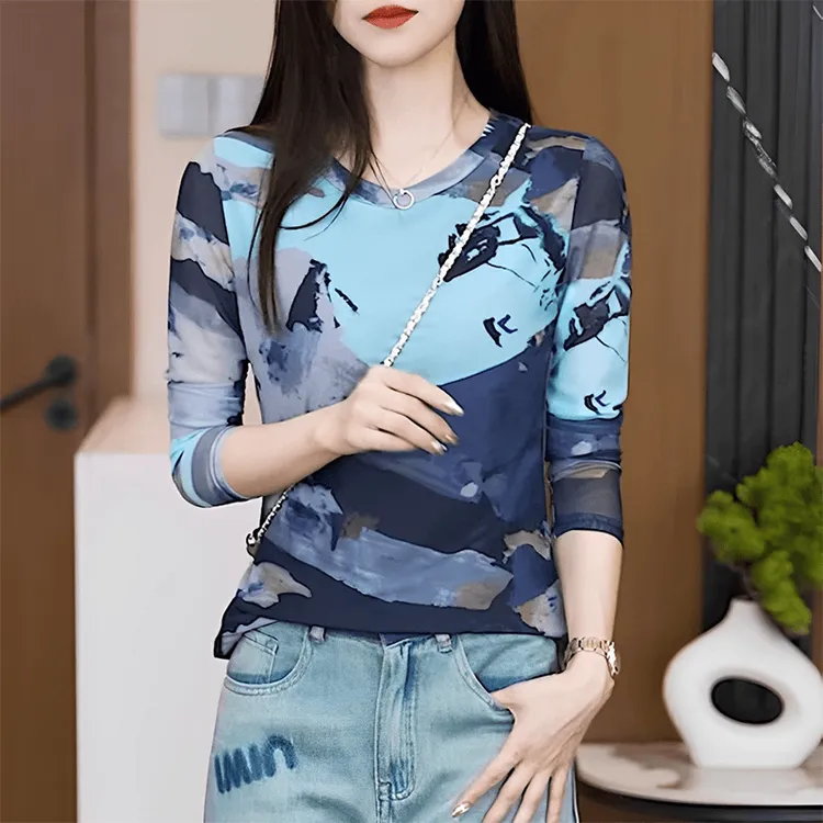 【水墨画】新款潮流印花早秋圆领长袖修身显瘦透气网纱上衣D1524
