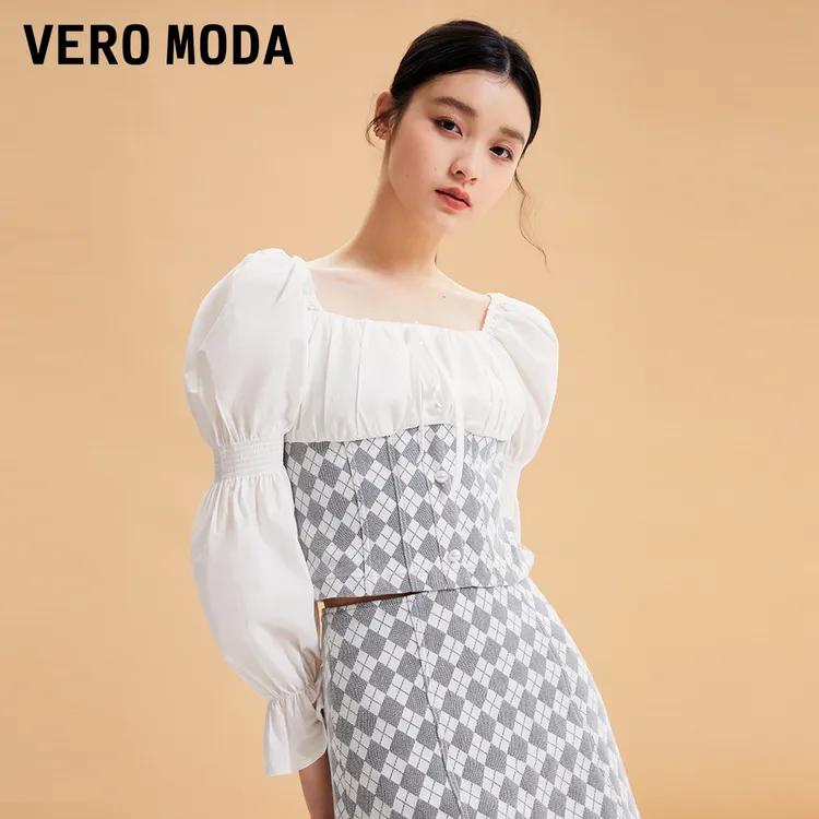 【小店专享】Vero Moda牛仔上衣女拼接印花泡泡袖甜美|32337X001
