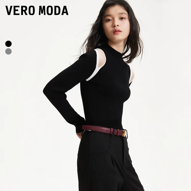 Vero Moda针织衫商场同款新品针织拼色设计肩部镂空气质325124040