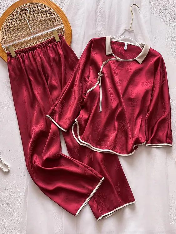 冰丝红色女套装春秋款夏季新中式国风提花高级感轻奢可外穿家居服