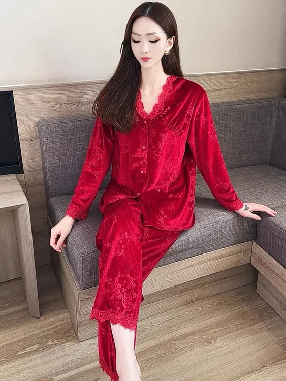 睡衣女秋冬款金丝绒长袖开衫性感V领蕾丝薄款套装压花宫廷家居服