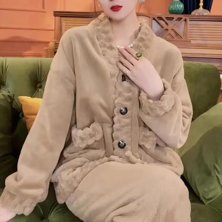 加厚加肥胖MM加大码家居服套装女士开衫高贵奢华珊瑚绒睡衣冬季女
