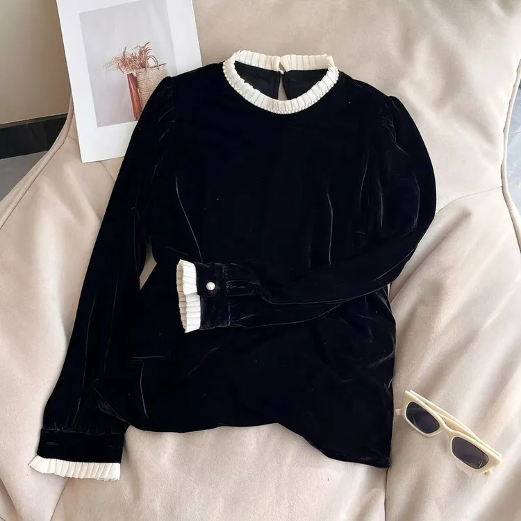 冬季立领设计感木耳边拼接丝绒衬衫气质长袖网红短款黑色上衣春秋