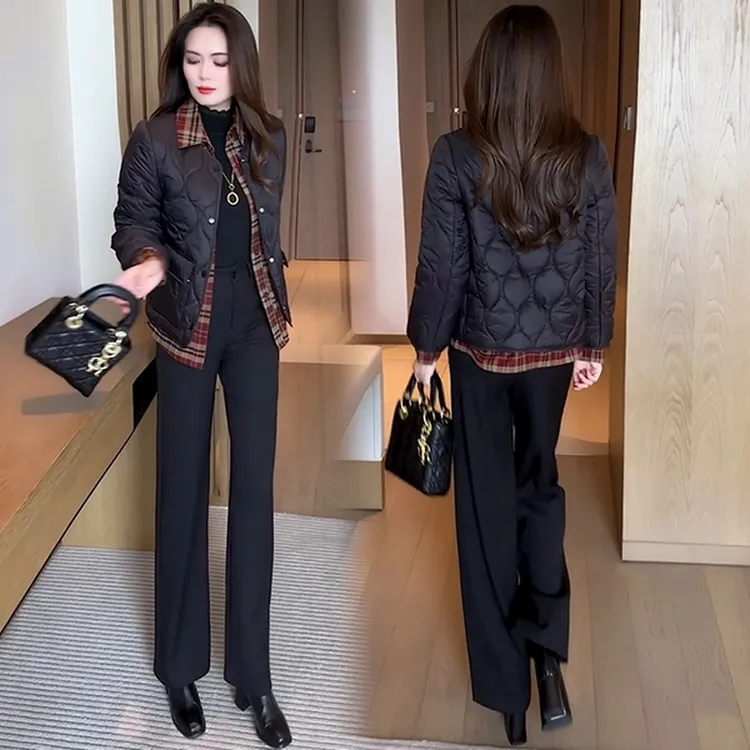 新款显瘦气质减龄百搭休闲拼接撞色时尚黑色棉衣棉服