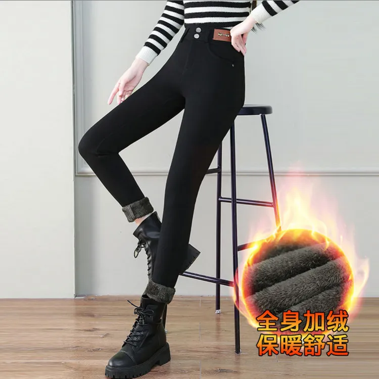 秋冬高弹加厚加绒高腰修身百搭休闲显瘦打底裤黑色小脚裤保暖866