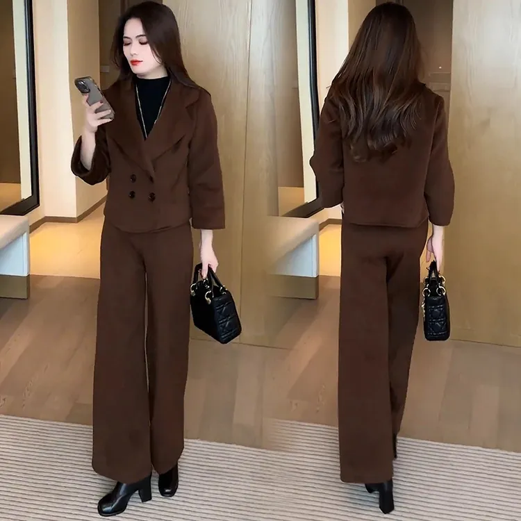 加厚时尚套装女2024秋冬新款洋气显瘦短款外套阔腿裤减龄两件套潮