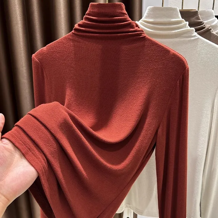 安可拉红堆堆高领柔软亲肤打底衫秋季收腰显瘦长袖薄款正肩女t恤