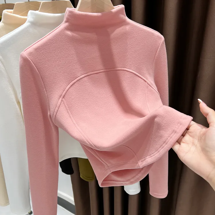 简约半高领磨毛长袖T恤女秋冬短款软糯亲肤德绒小衫内搭保暖上衣