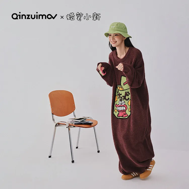 毛茸茸礼物亲嘴猫【蜡笔小新】鳄鱼先生半边绒睡袍睡衣家居服保暖