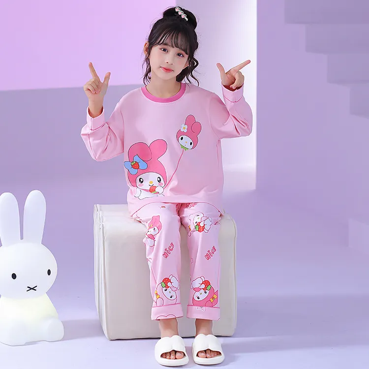 2024新款女童睡衣长袖春秋棉薄款儿童套装小女孩宝宝中大童家居服
