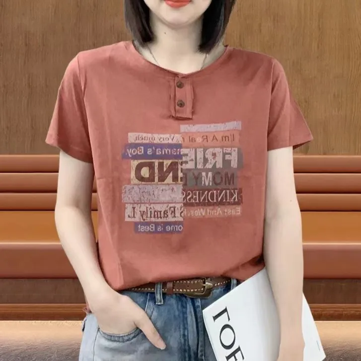 纯棉百搭时尚夏季新款印花时尚显瘦t恤休闲洋气减龄纽扣百搭上衣