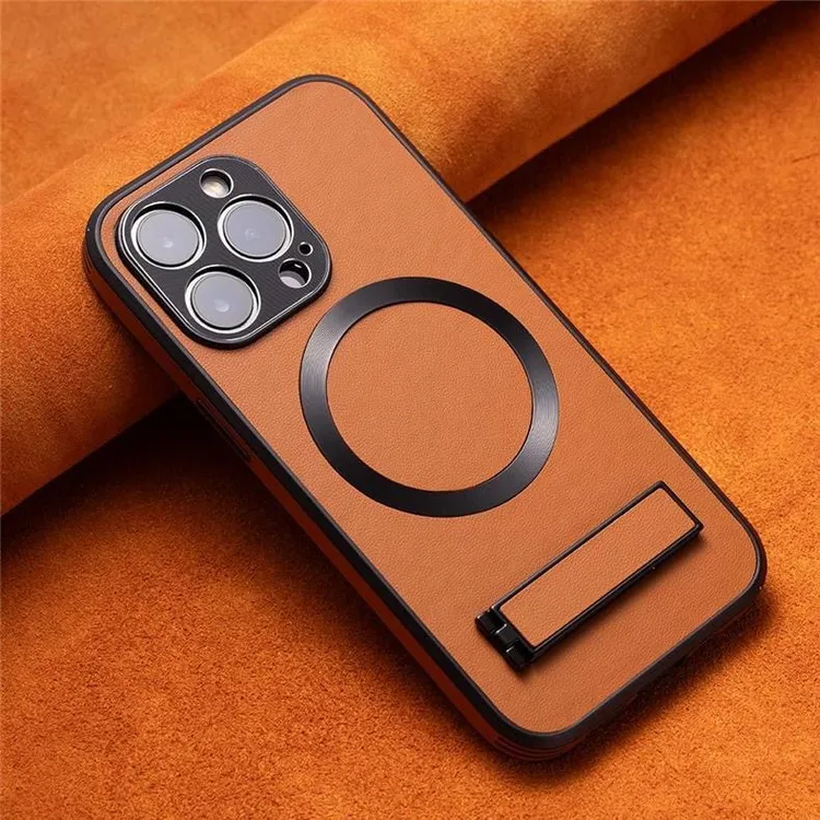 适用于苹果15Pro max手机壳新款隐形支架高档素皮磁吸CD纹镜头壳