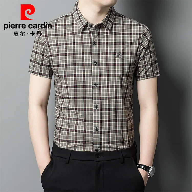 皮尔卡丹男装衬衫短袖格子时尚休闲夏季薄款中年男士高档免烫衬衣