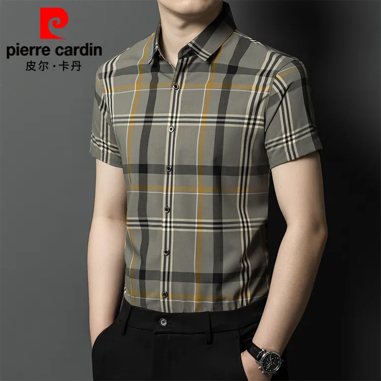 皮尔卡丹正品男士休闲翻领格纹短袖衬衫上衣夏季高档商务薄款衬衣