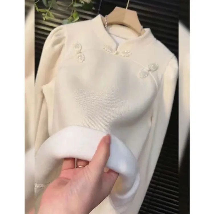 新中式国风米色加绒上衣女高级设计感小众别致独特炸街洋气打底衫