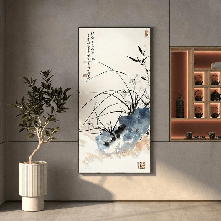 玄关装饰画新中式客厅书房水墨古典兰花禅意壁画走廊过道竖版挂画