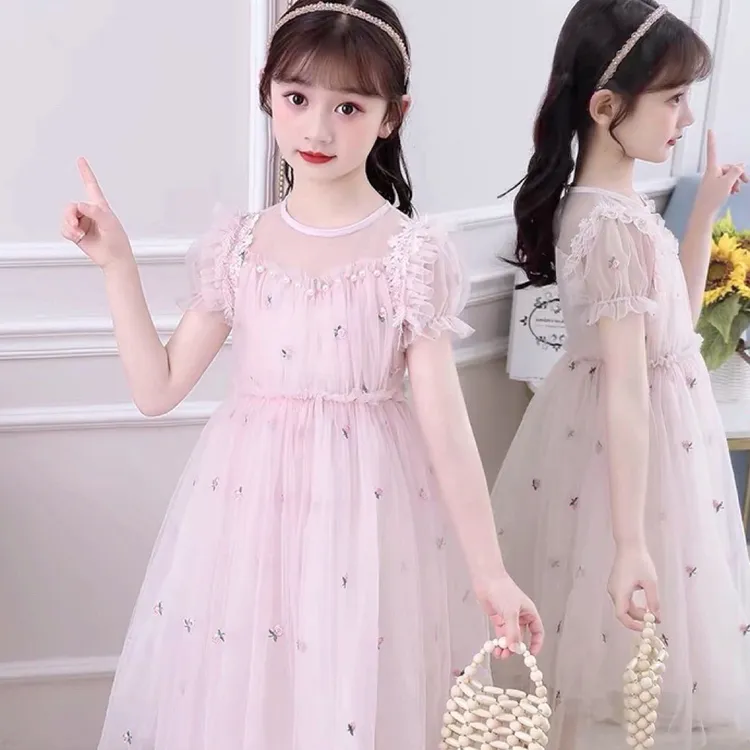 2024夏季新款08女童短袖刺绣花朵甜美气质女孩公主连衣裙