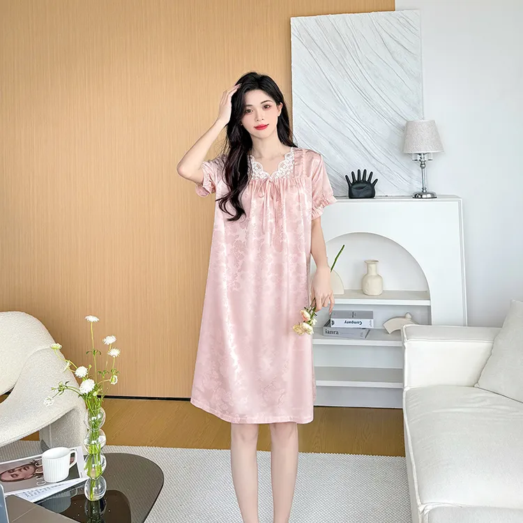 睡裙女夏季冰丝短袖薄款夏天睡衣裙2024年新款妈妈夏款孕妇连衣裙