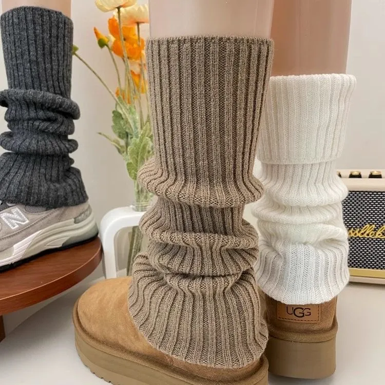 燕麦咖色袜套女秋冬季加绒深灰色针织腿套搭配鲨鱼裤雪地靴堆堆袜