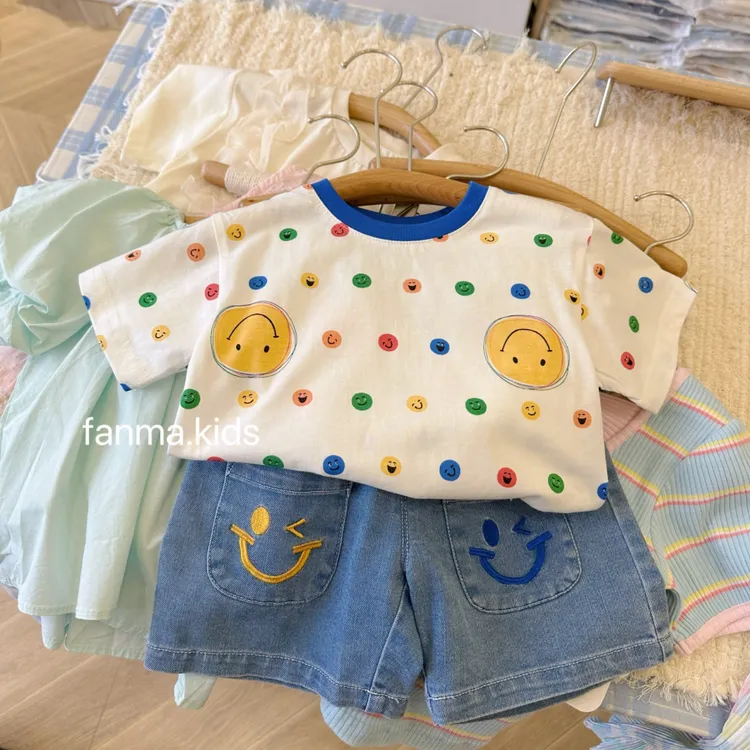 韩版打底衫男童宝宝小童笑脸波点T恤洋气2025夏季纯棉短袖新款