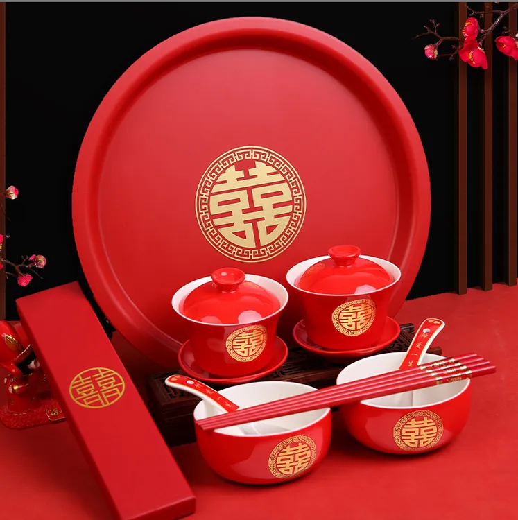 改口敬茶杯一对喜碗杯子陶瓷婚礼红色喜字对碗勺子筷子结婚庆用品
