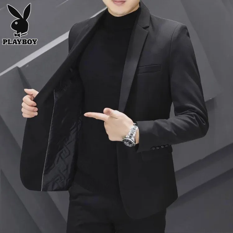 花花公子西服外套男士正装便服单西春秋季款商务休闲黑色小西装男